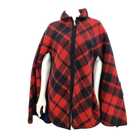 Vintage Reversible Poncho Cape Red Blue Plaid Blanket Cape Jacket Womens OS - Picture 1 of 5